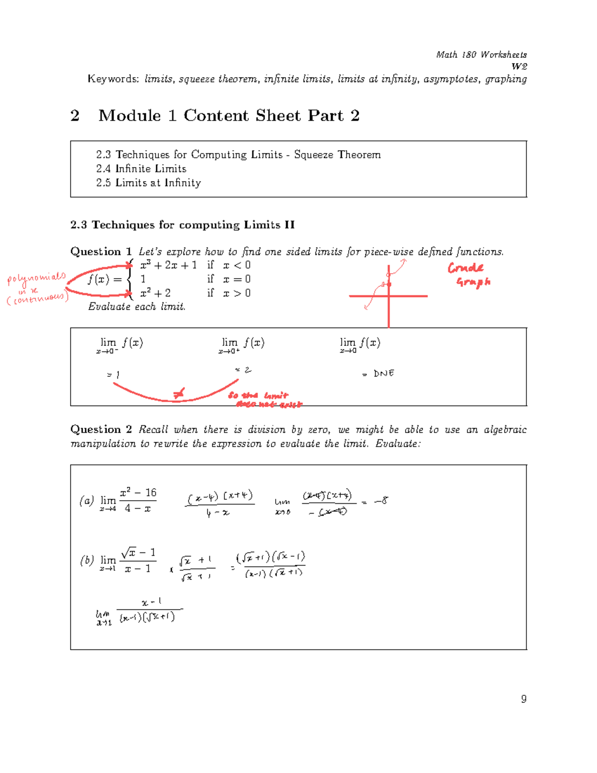 Guided Lecture Sheet Module 1 Part 2 - W Keywords: Limits, Squeeze ...