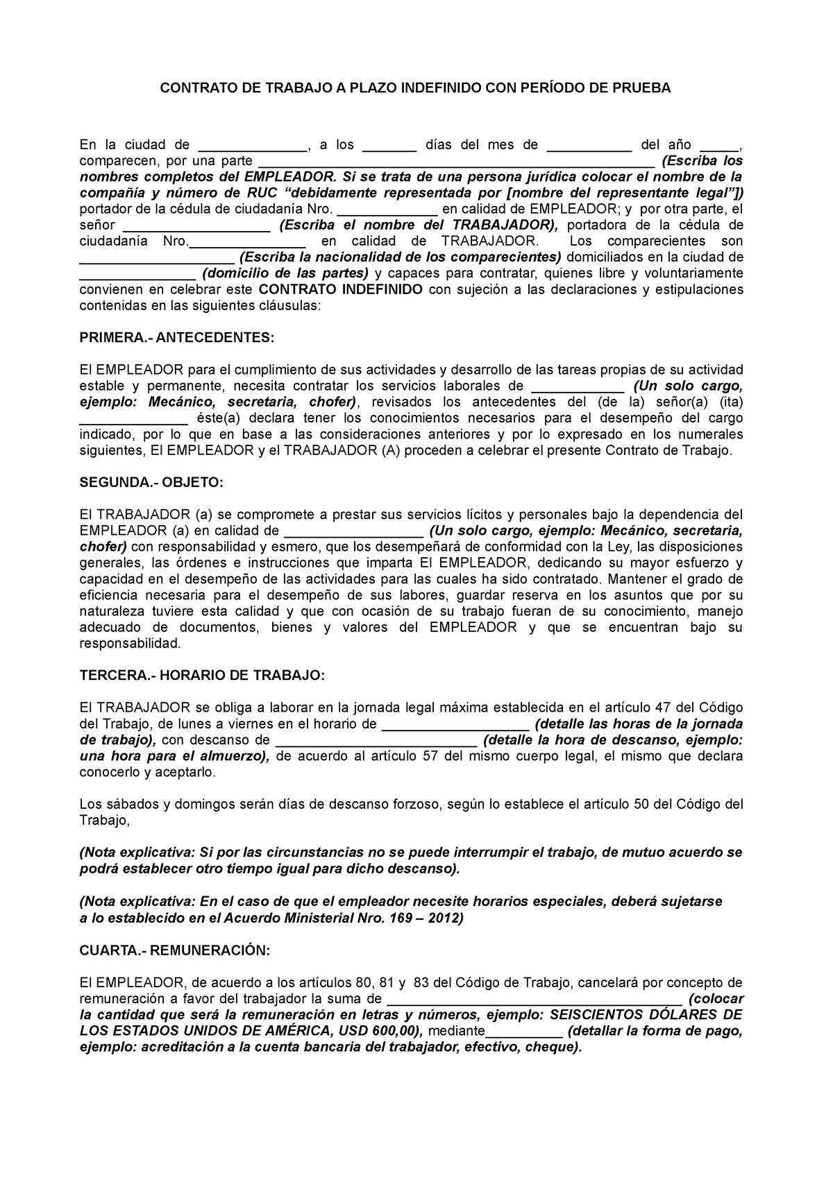 Modelo de contrato de trabajo 1 - CONTRATO DE TRABAJO A PLAZO INDEFINIDO  CON PERÍODO DE PRUEBA En la - Studocu