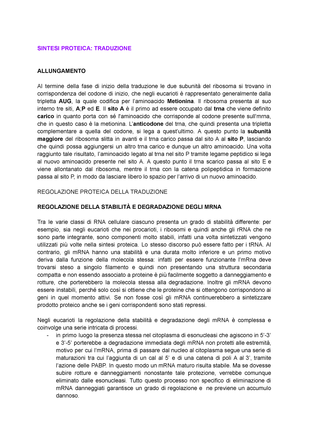 Documento Senza Titolo - SINTESI PROTEICA: TRADUZIONE ALLUNGAMENTO Al ...