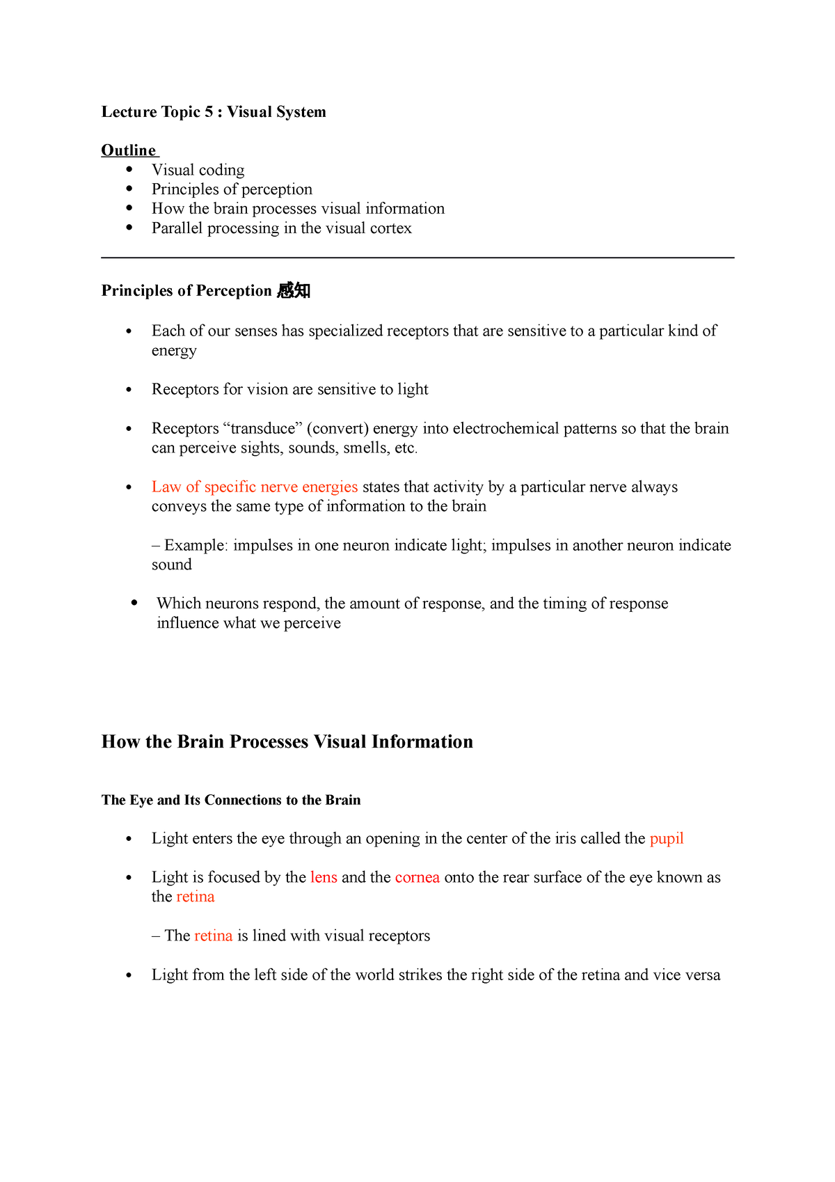 Lecture Topic 5 notes - Lecture Topic 5 : Visual System Outline Visual ...