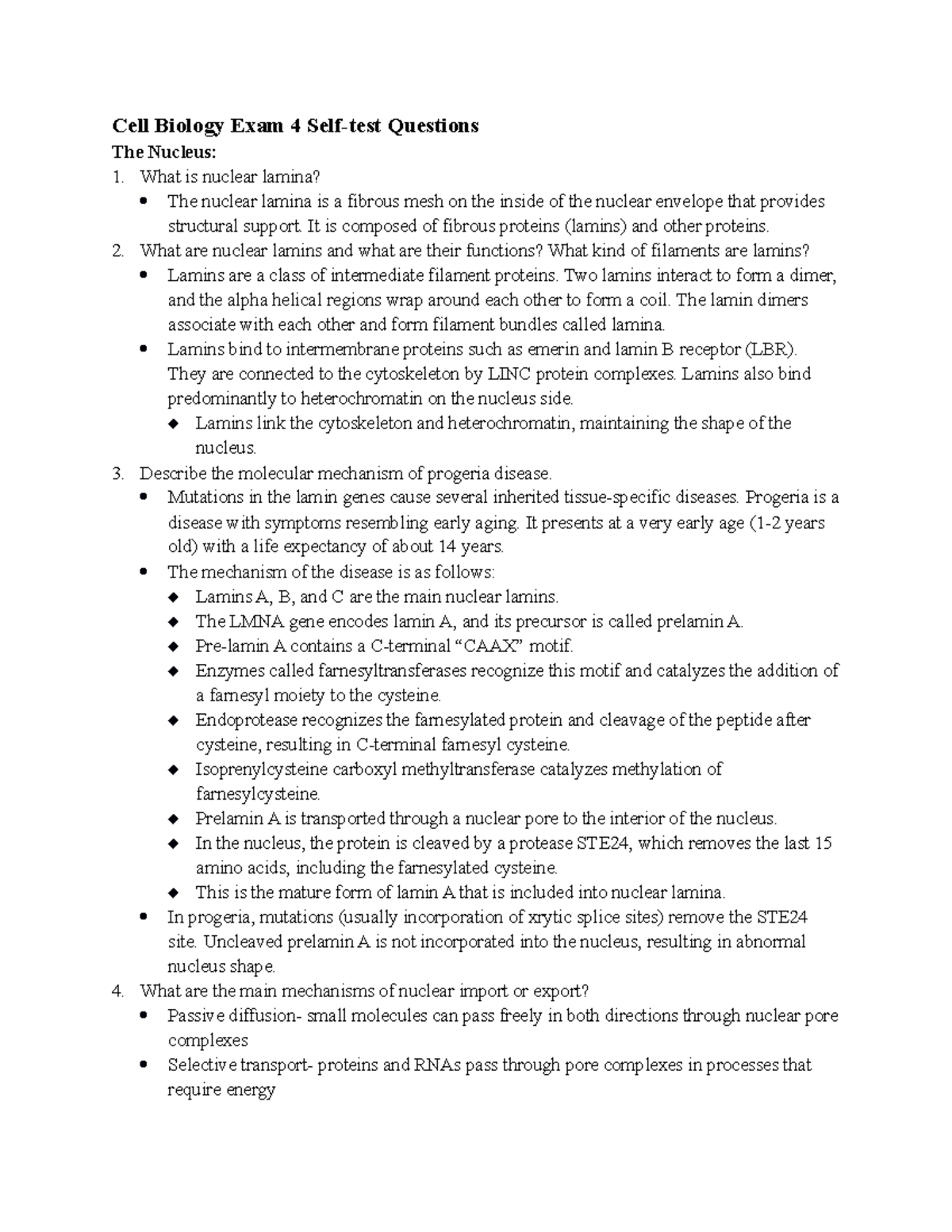 Cell Biology Exam 4 SelfTest Questions Cell Biology Exam 4 Selftest