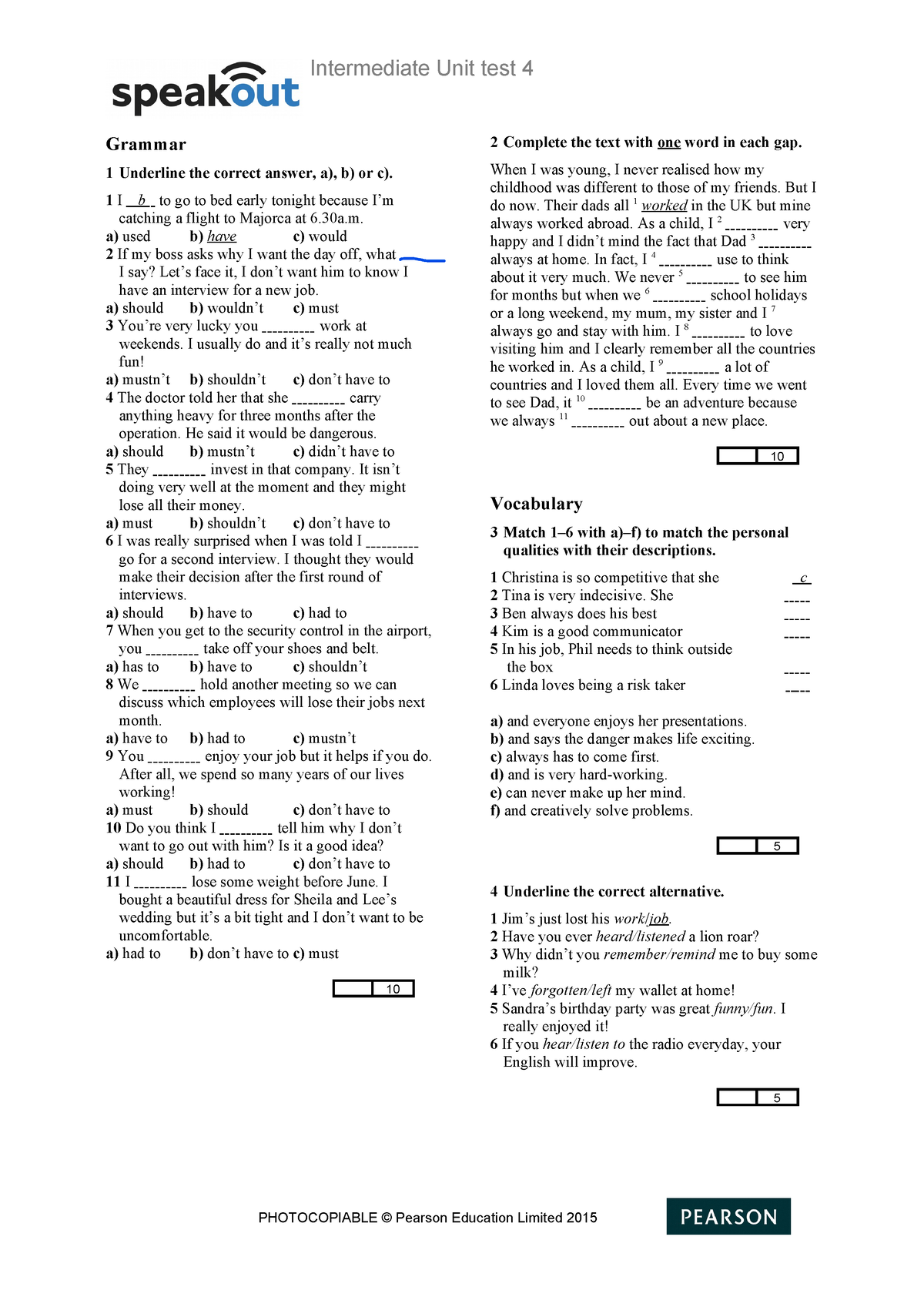 Hw Bia - English Test - Intermediate Unit Test 4 Grammar 1 Underline ...