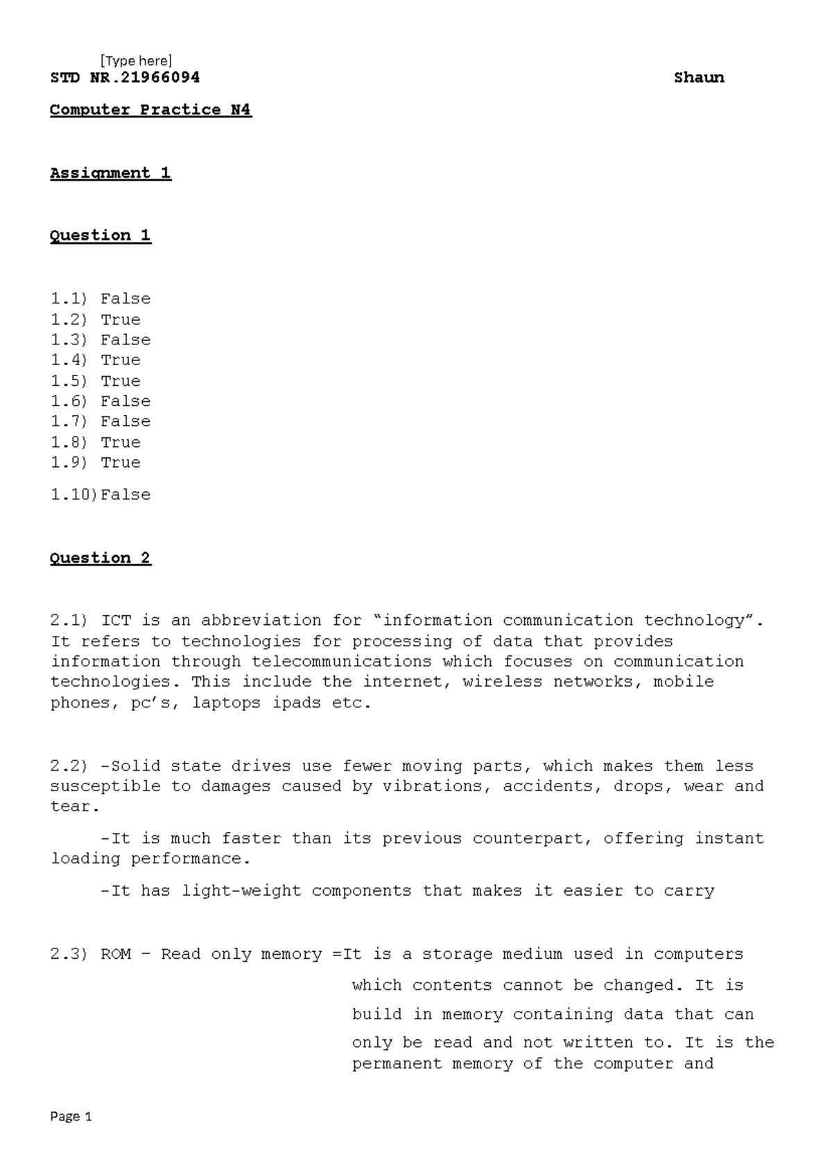 Computer Practice N4 Question 1 and 2 - [Type here] STD NR Shaun ...