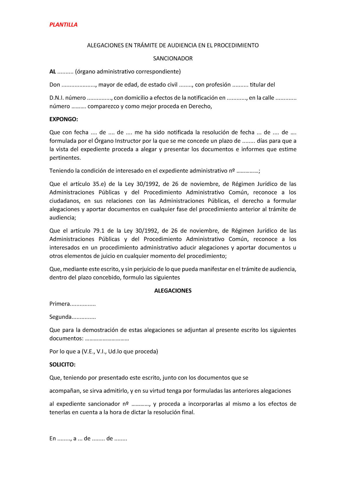 Modelo De Escrito De Alegaciones En Procedimiento Ord 1309