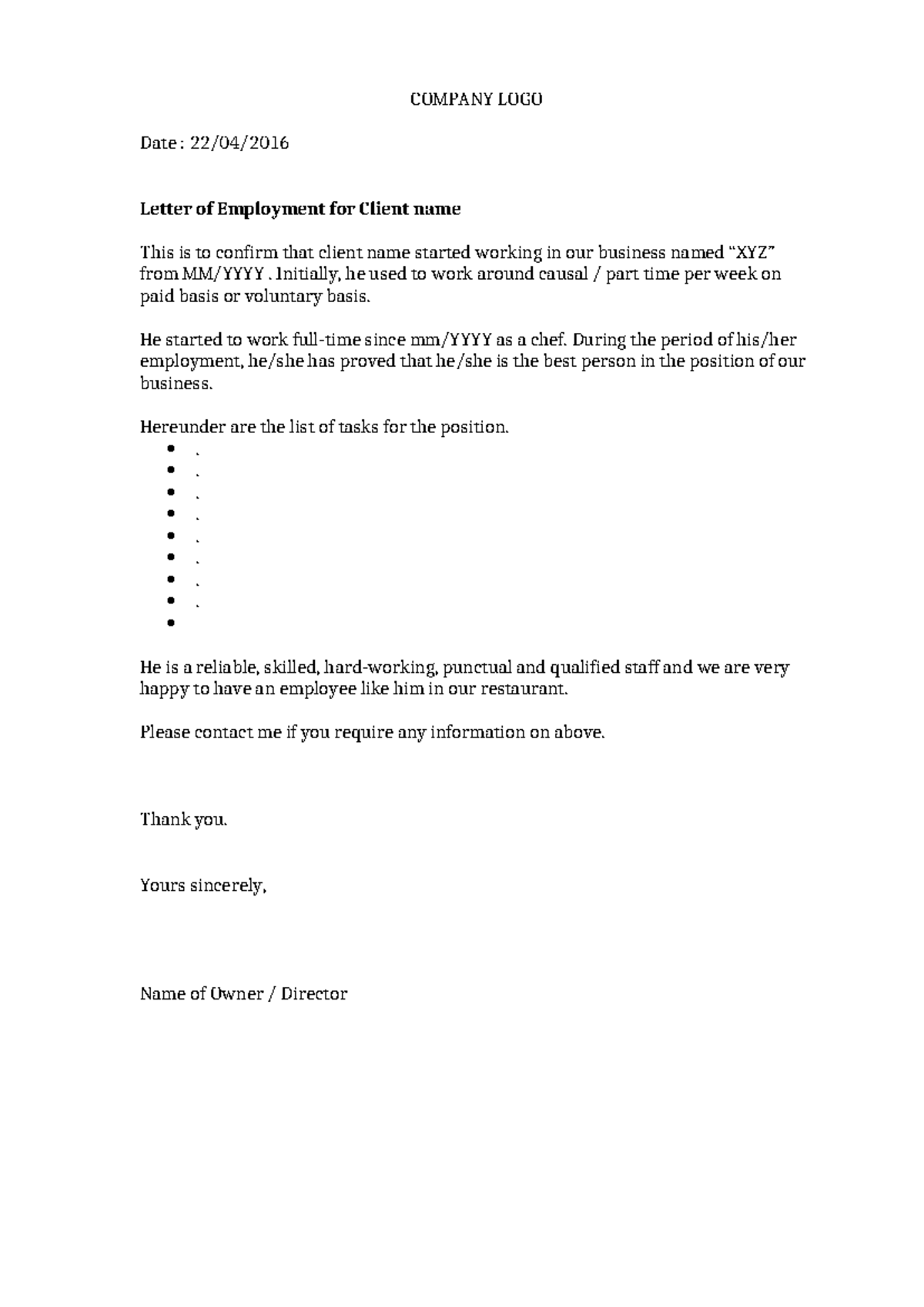 Letter of Employment-Sample - COMPANY LOGO Date : 22/04/ Letter of ...