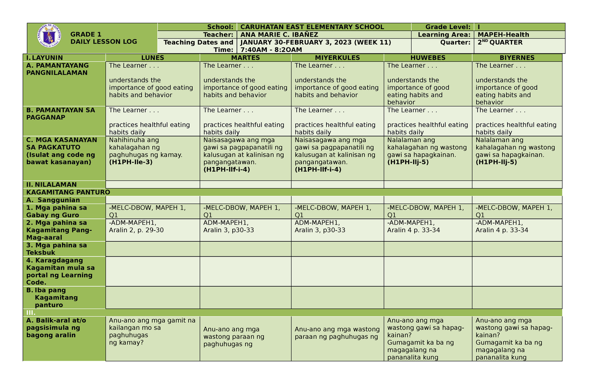 DLL Mapeh-1 Q2 - DLL_MAPEH-1Health - GRADE 1 DAILY LESSON LOG School ...