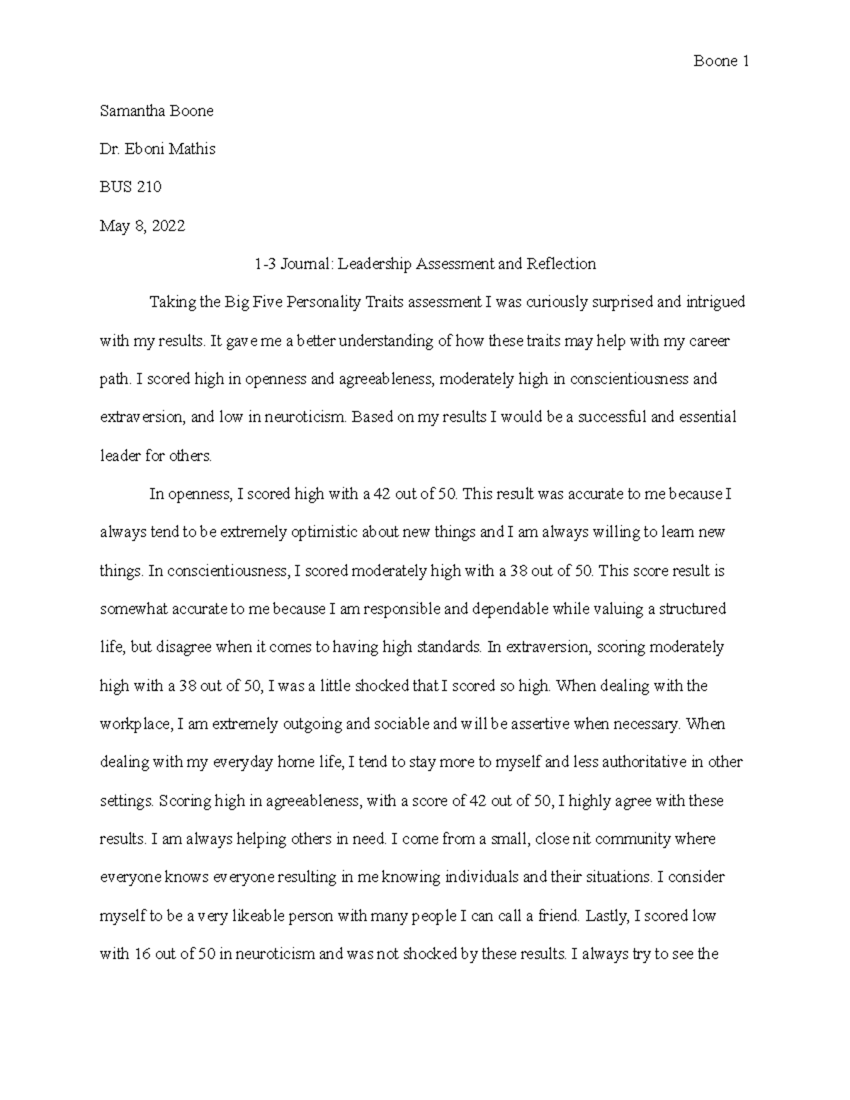1-3 Journal Leadership Assessent and Reflection - Boone 1 Samantha ...