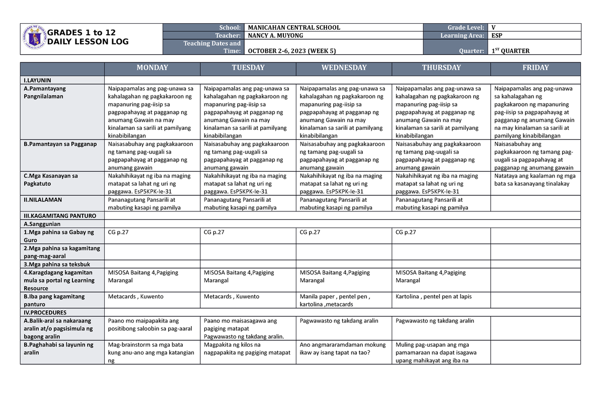 Daily Lesson Log - GRADES 1 To 12 DAILY LESSON LOG School: MANICAHAN ...