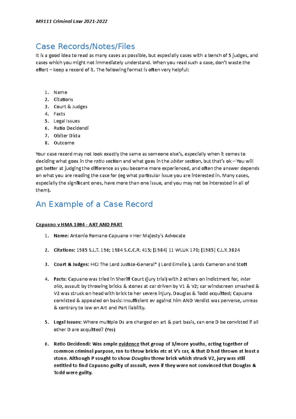 Capuano v HMA 1984 - how to write a note of a case - m9111 - Strath ...