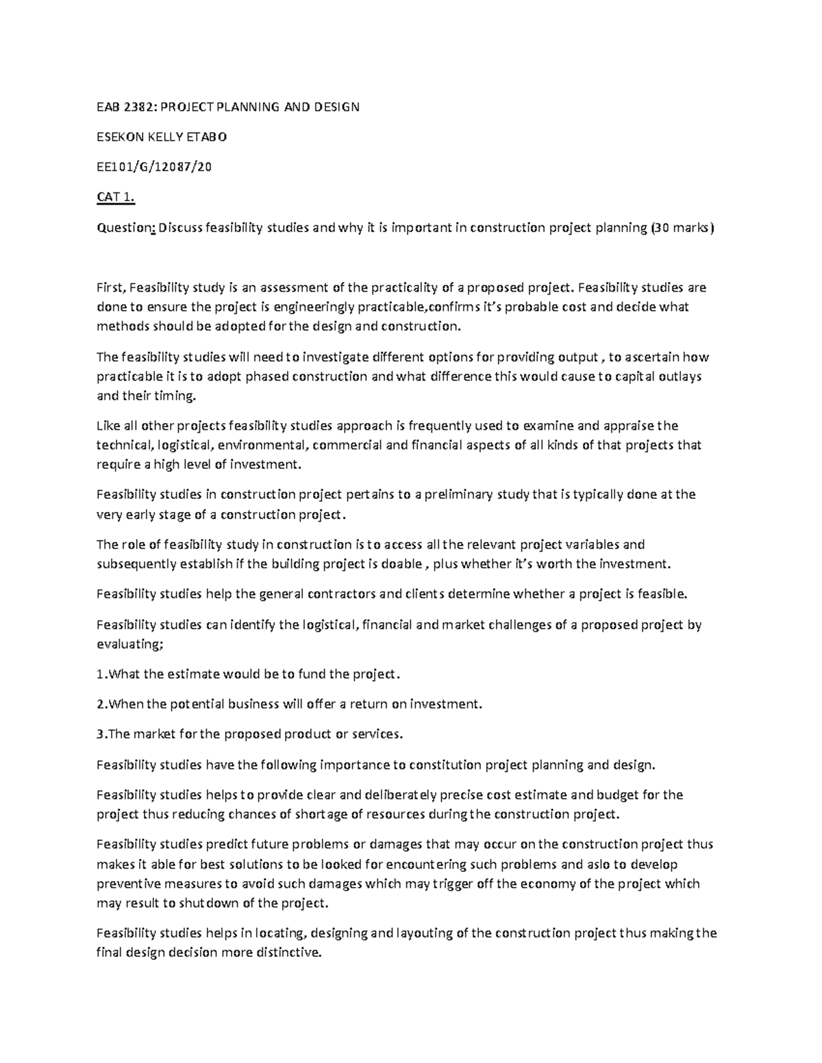 Project Planning AND Design(Feasibility) EAB 2382 PROJECT PLANNING