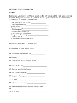 TEST DE Frases Incompletas DE Sacks. - PDF Descargar libre - Psicología -  Studocu