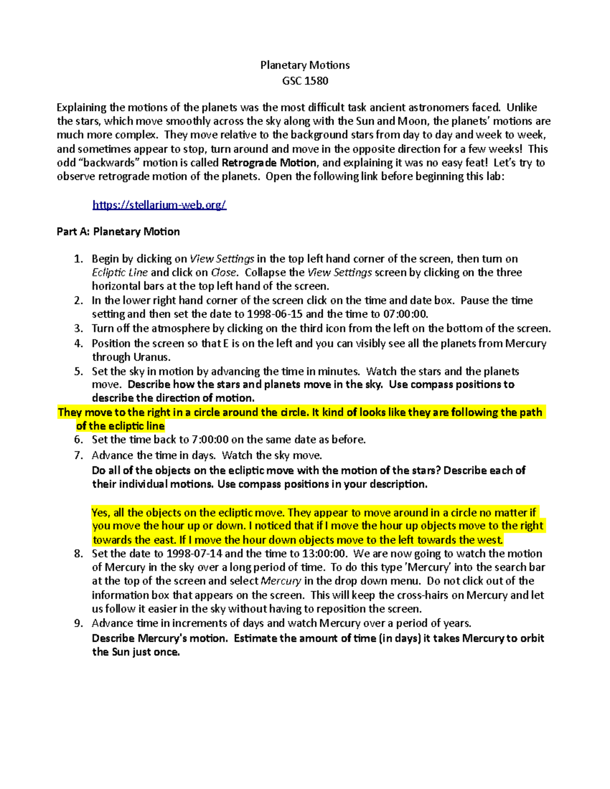 Planet Motion Lab - Planetary Motions GSC 1580 Explaining the motions ...