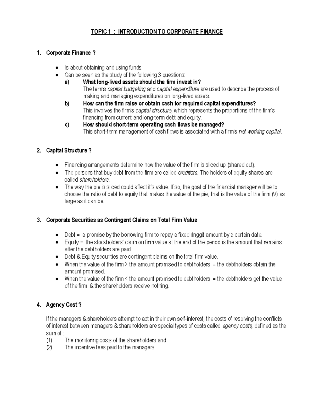Topic 1 - Add Notes - TOPIC 1 : INTRODUCTION TO CORPORATE FINANCE 1 ...