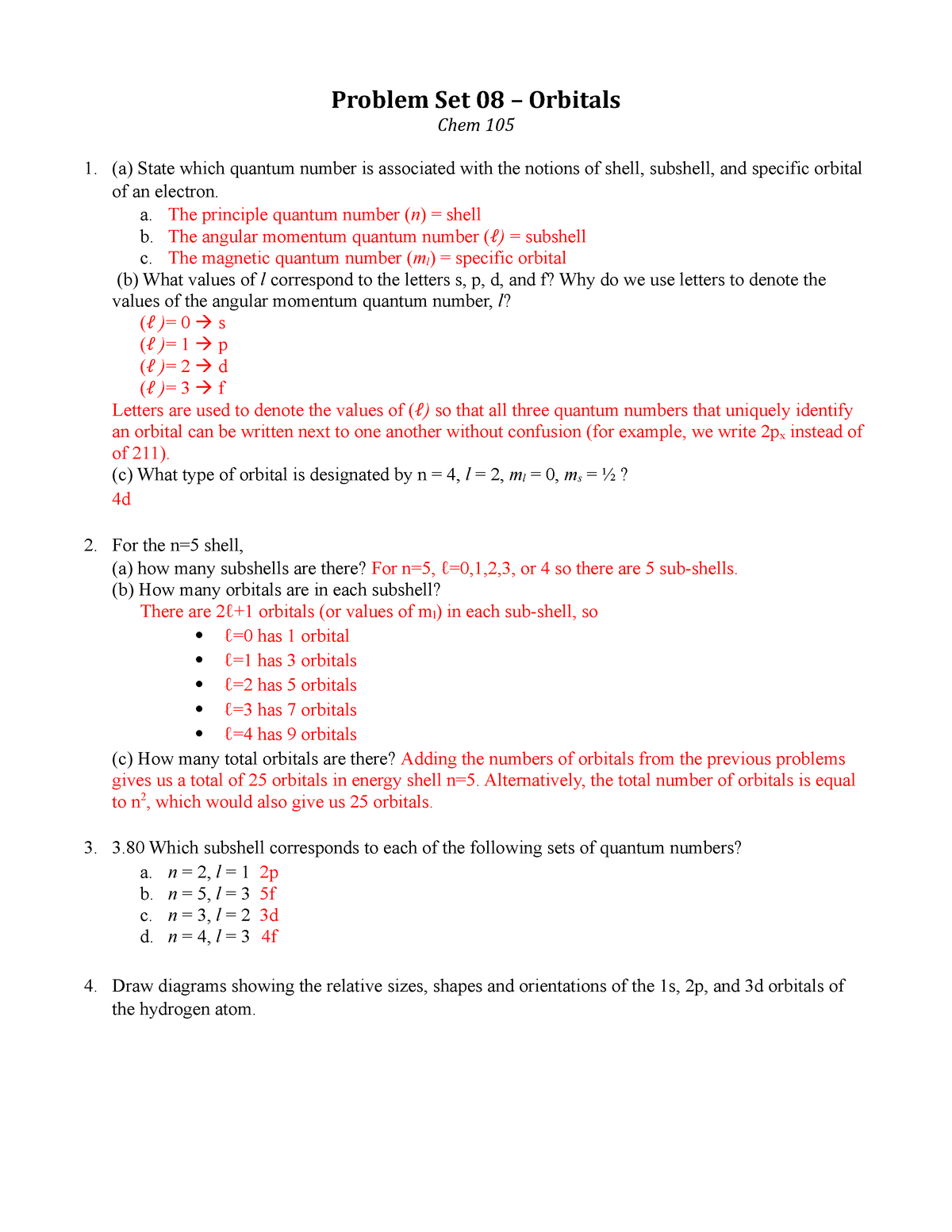 Question And Problem Set With Answers - Orbitals - Chemistry 11 With Quantum Numbers Practice Worksheet