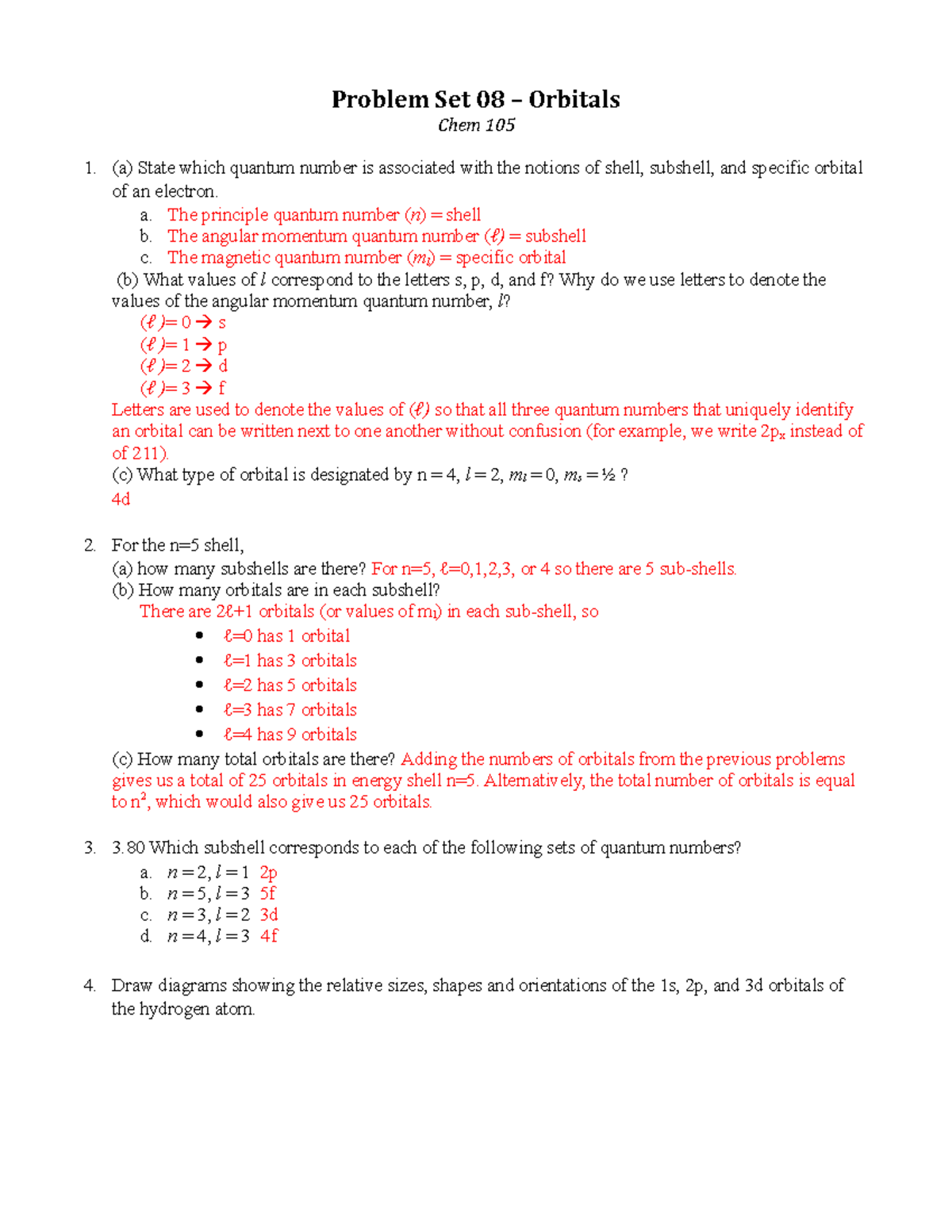 Question And Problem Set With Answers - Orbitals - Chemistry 22 For Quantum Numbers Practice Worksheet