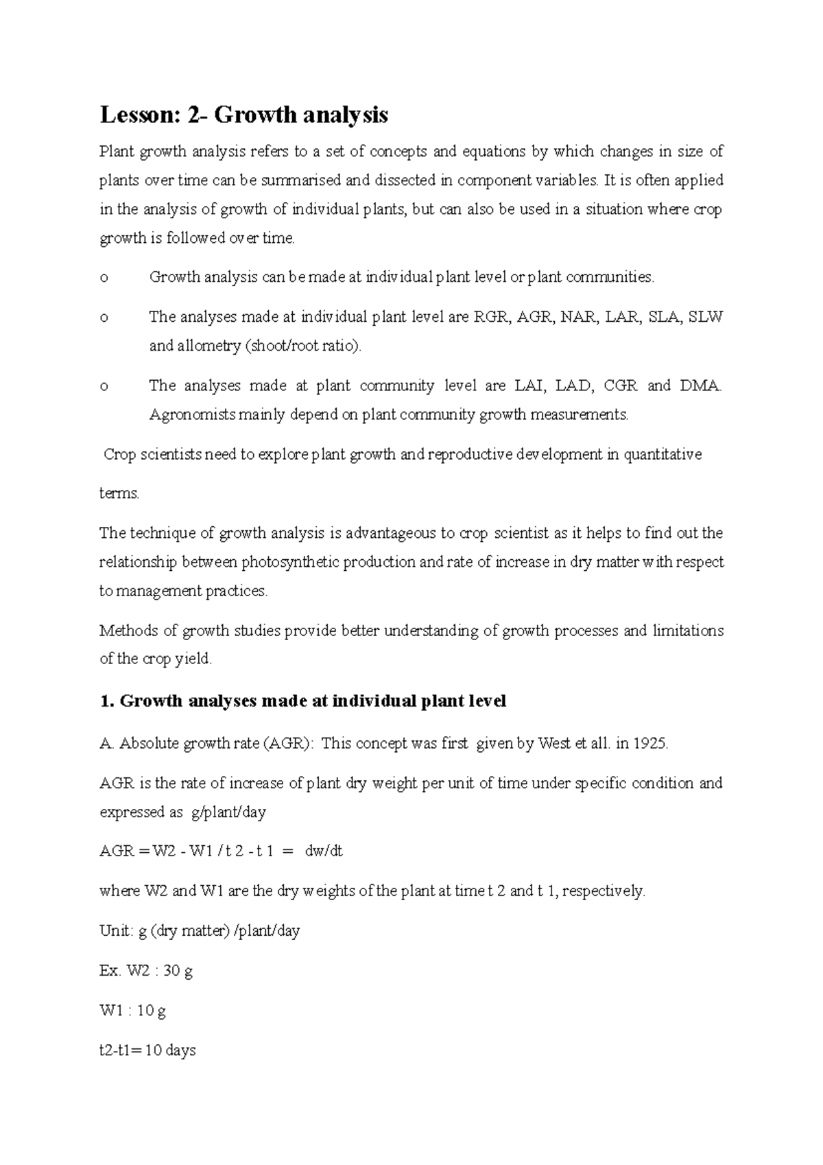 Lesson2 notes Lesson 2 Growth analysis Plant growth analysis