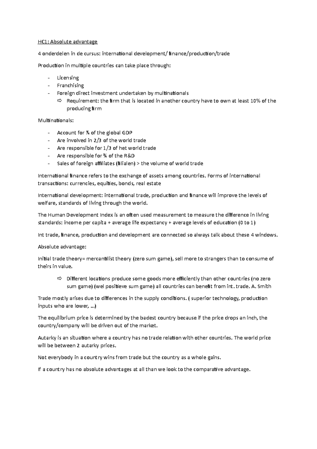 HC1 - HC1: Absolute advantage 4 onderdelen in de cursus: international  development/ - StuDocu