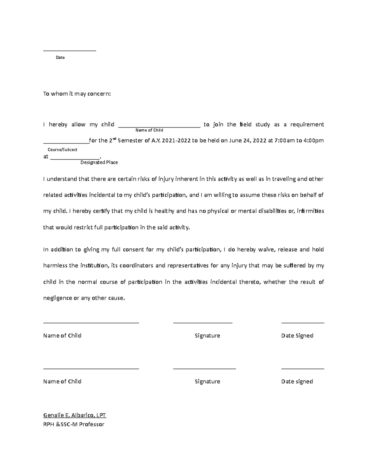 Parents Consent Health Declaration Form - ________________ To whom it ...