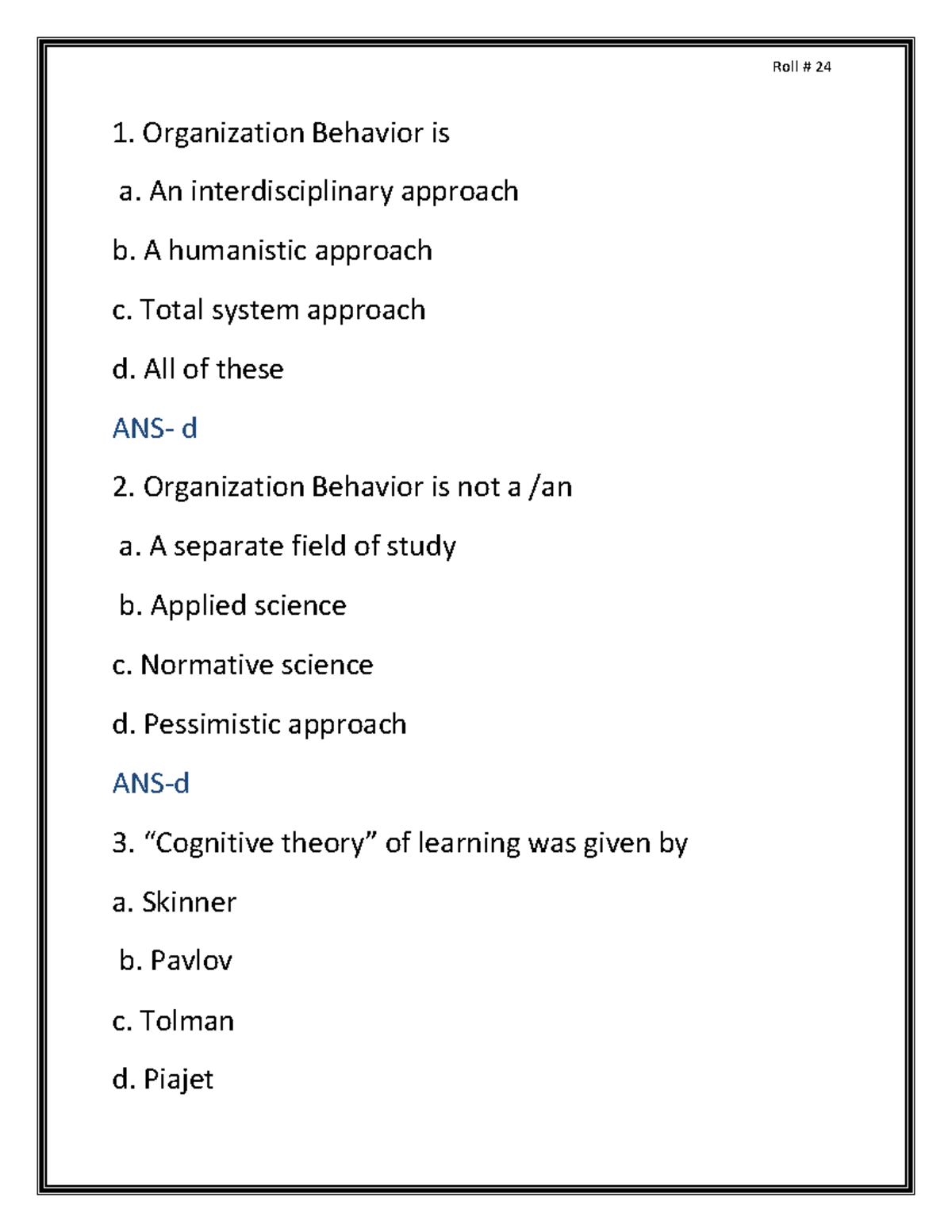 OB 2 Mcq - Lecture Notes 1-5 - Organization Behavior Is A. An ...