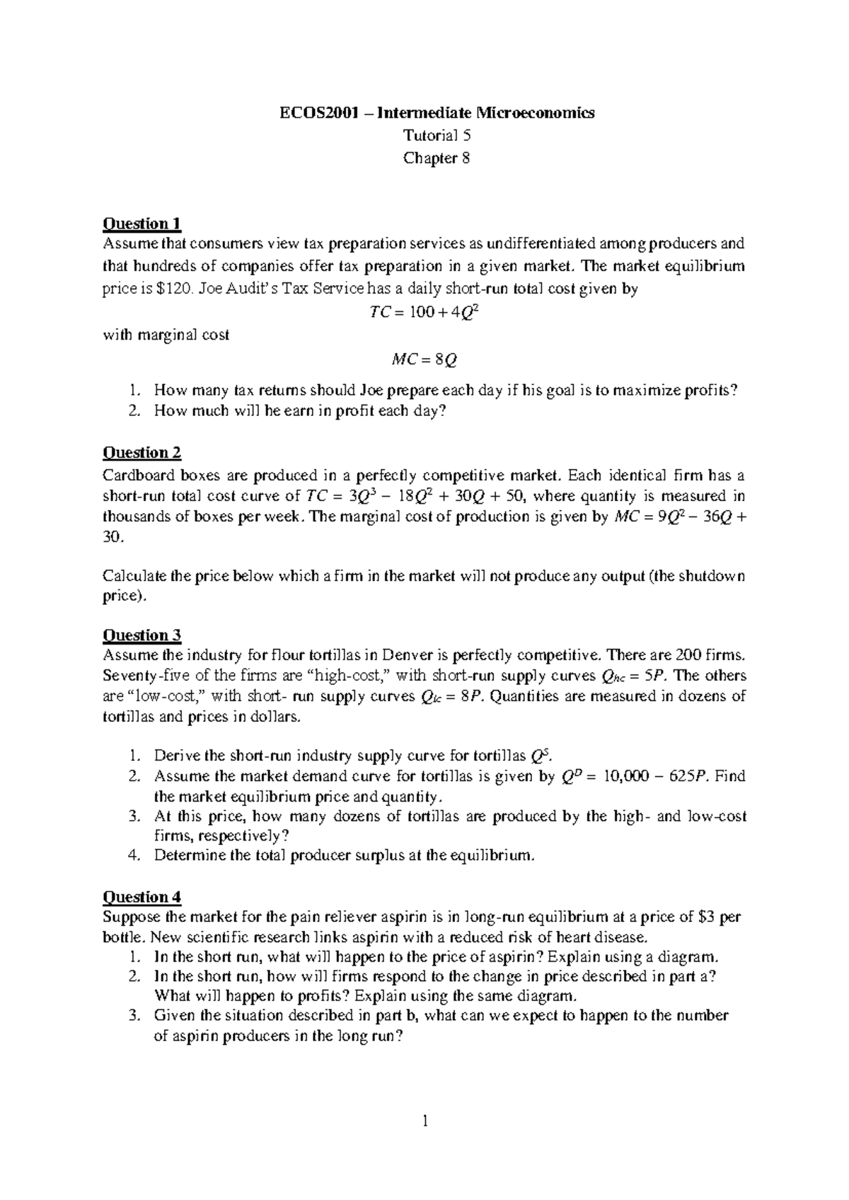 Tutorial+5 - 1 ECOS2001 – Intermediate Microeconomics Tutorial 5 ...