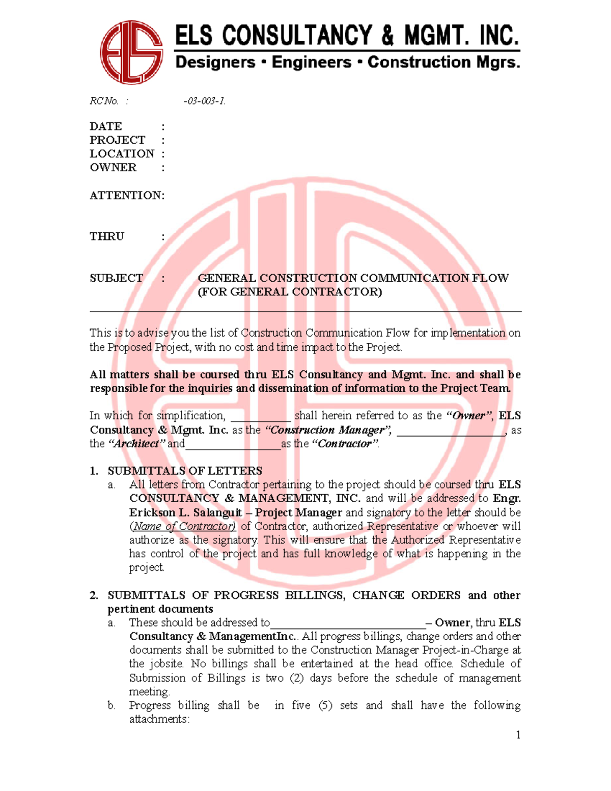 03-003-1 Construction FLOW ( YEAR2018 ) - RC No. : -03-003-1. DATE ...