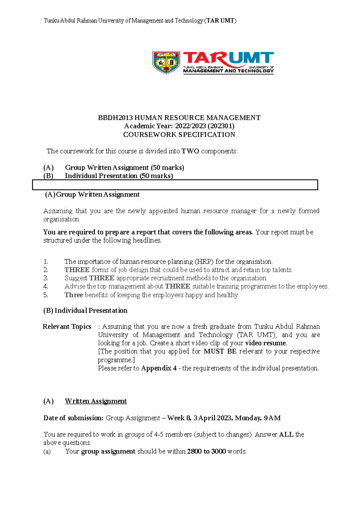 CW 202301 (Students) coursework BBDH2013 HUMAN RESOURCE MANAGEMENT