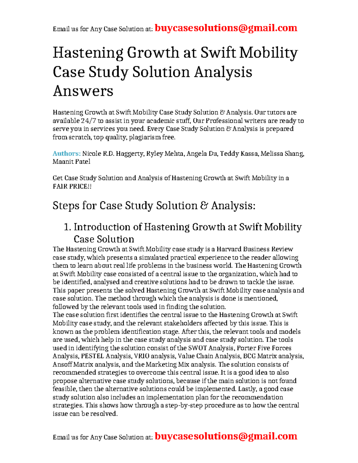 Case Solution Hastening Growth at Swift Mobility Hastening Growth at