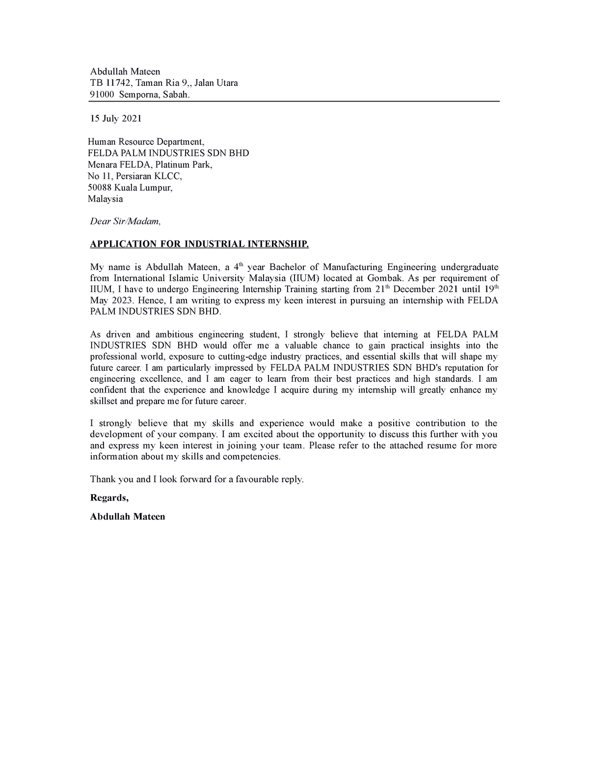 Internship Cover Letter - Abdullah Mateen TB 11742, Taman Ria 9 ...