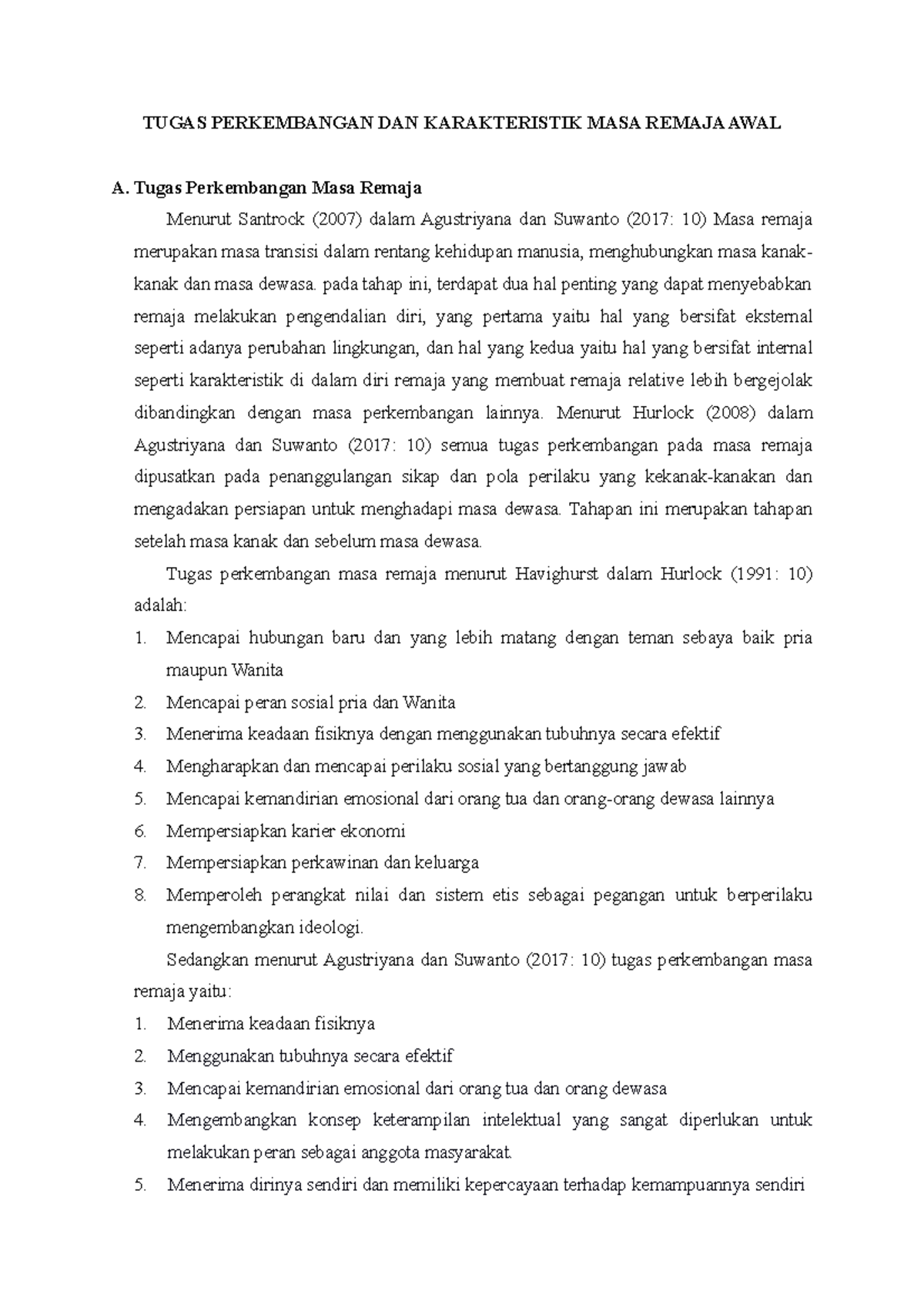 Tugas Perkembangan DAN Karakteristik MASA Remaja AWAL - TUGAS