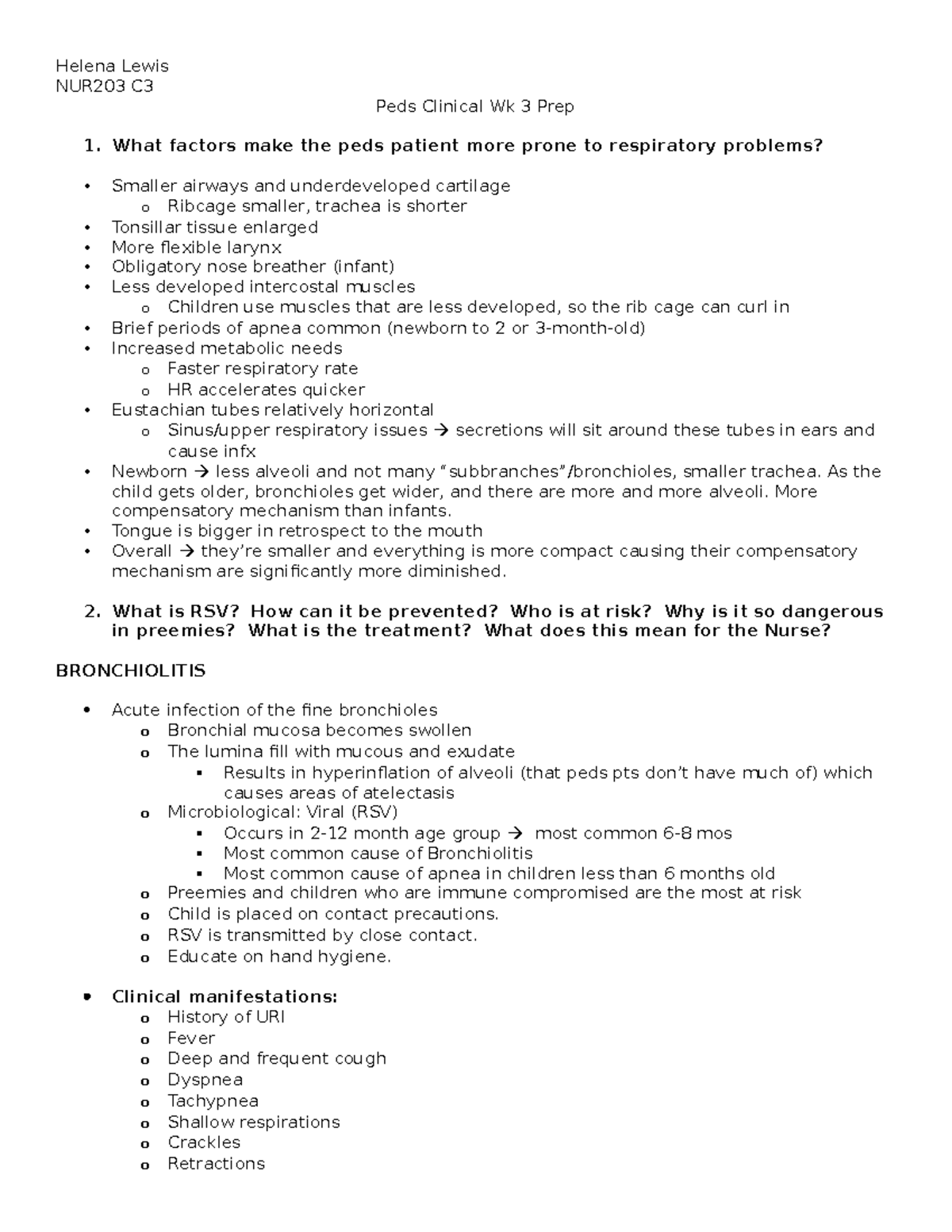 Peds prep wk 3 (clinical wk 10) clinical prep - NUR 203 - NCC - Studocu