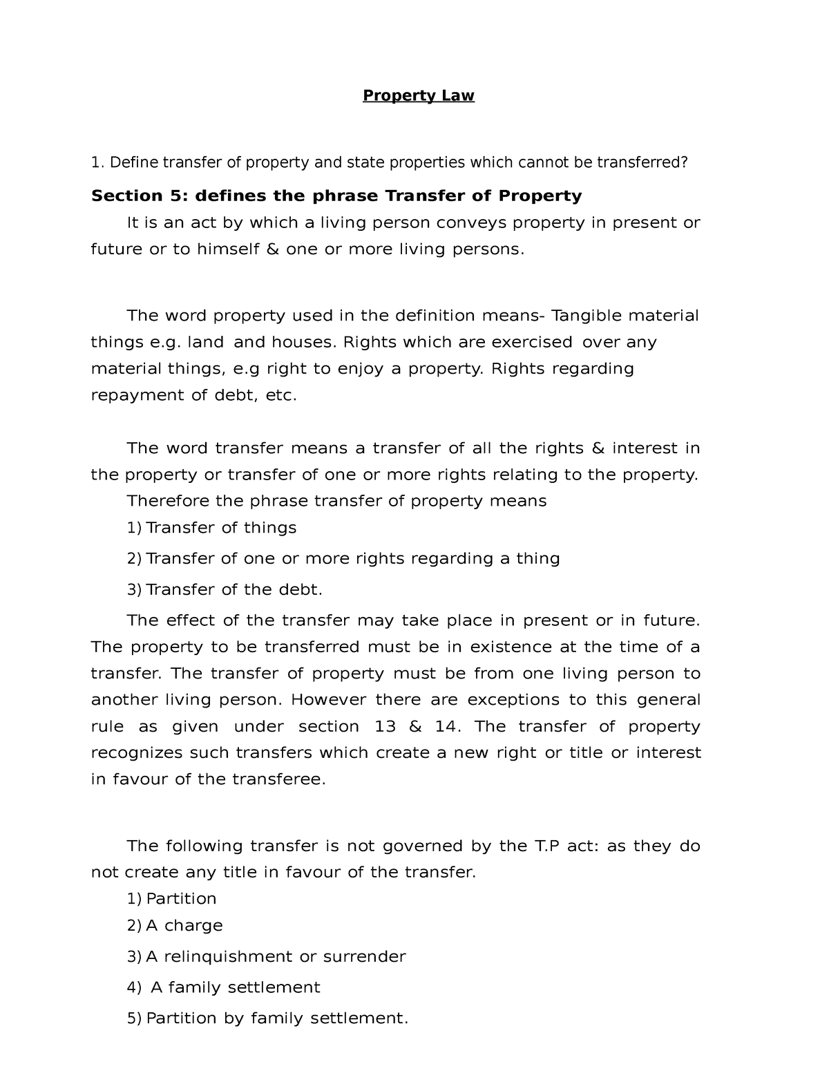 Property Law question and ans Property Law Define transfer of