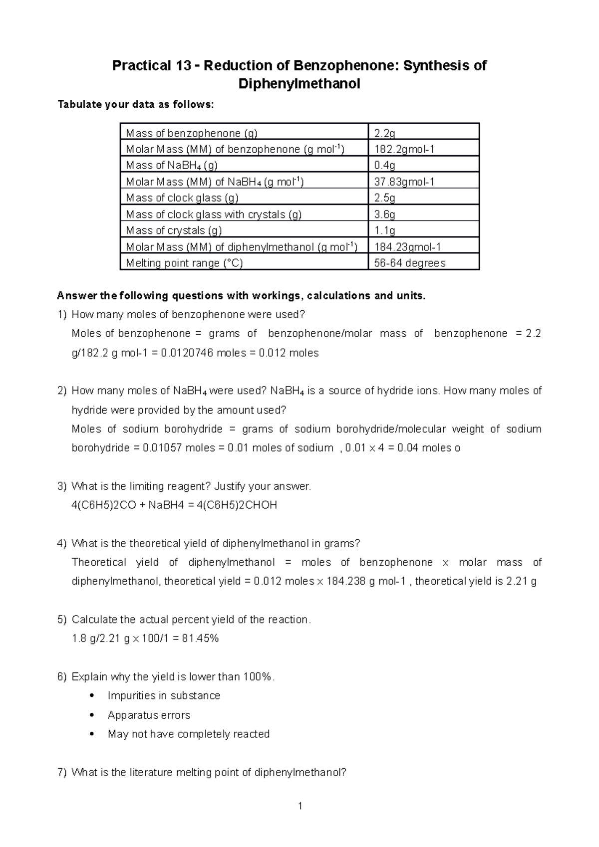 Practical 13 Report template - Practical 13 Reduction of Benzophenone ...