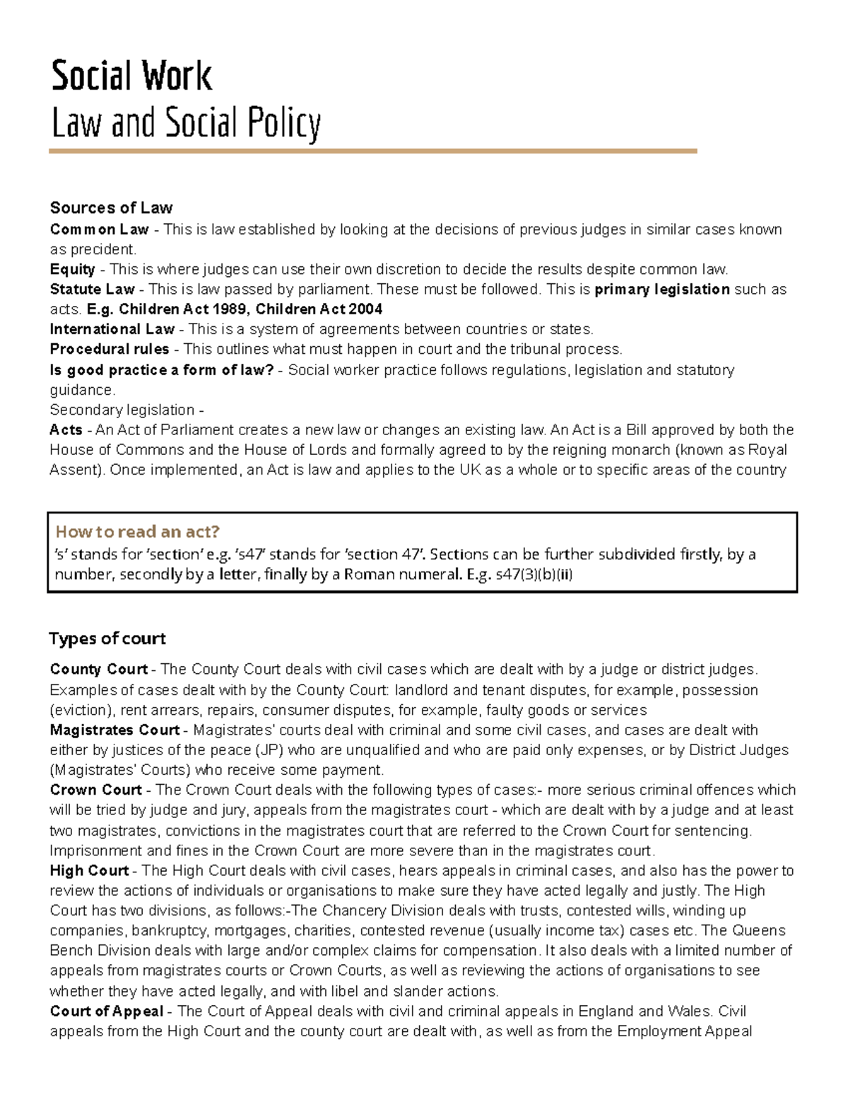 Law and Social Policy Lecture Notes Social Work Law and Social Policy Sources of Law Common
