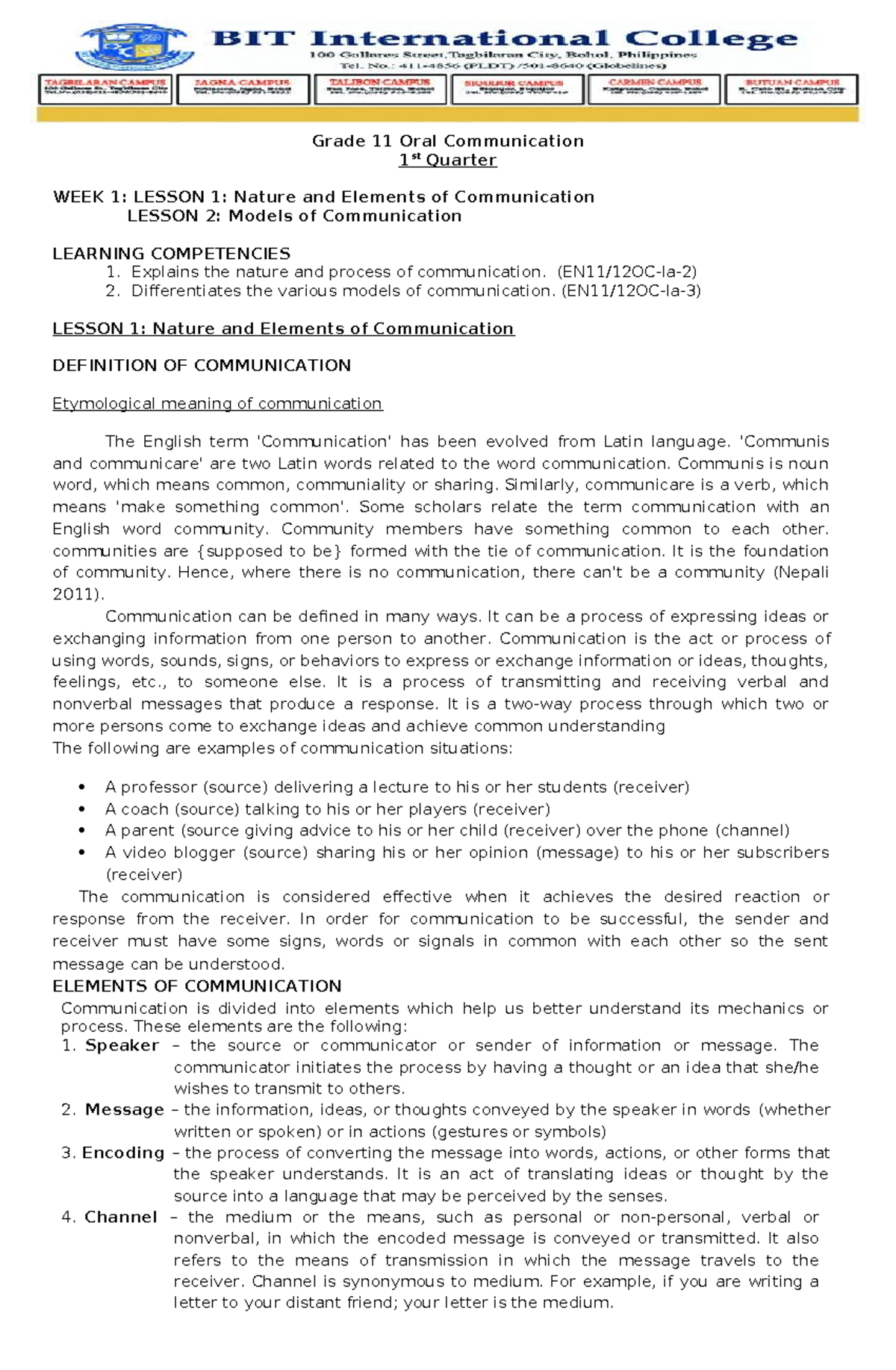 WEEK-1-2 - notes - Grade 11 Oral Communication 1 st Quarter WEEK 1 ...