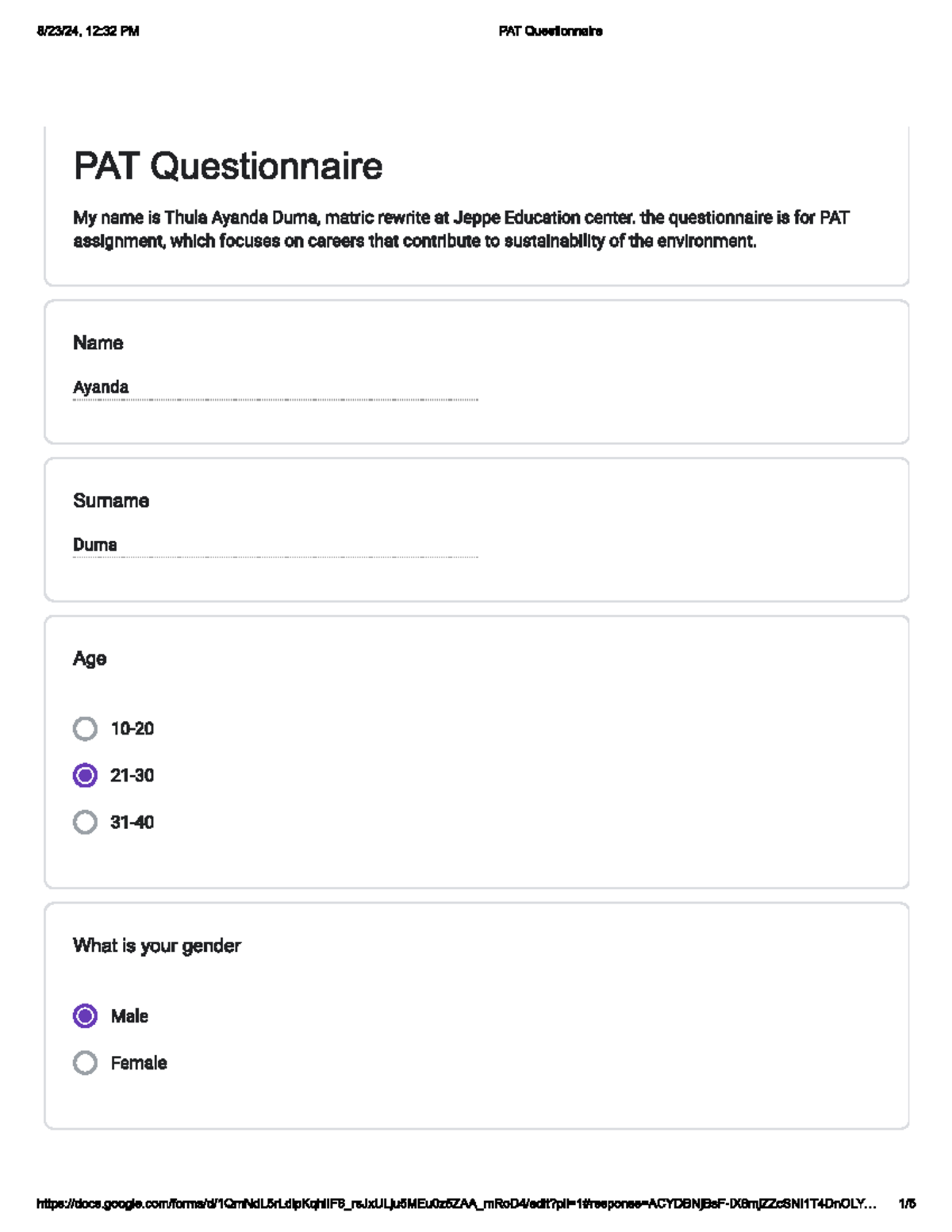 Ayanda Duma - GRADE 12 CAT PAT - 12:32 PM PAT Questionnaire PAT ...