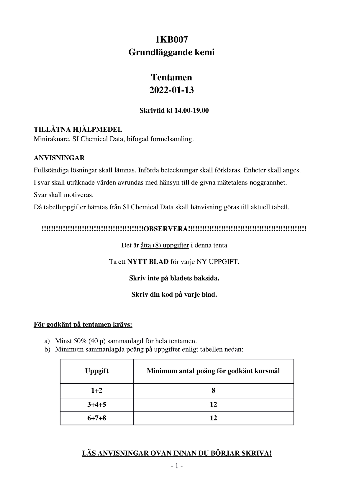 Tenta-2022-01-13 Med Svar - 1KB Grundläggande Kemi Tentamen 2022-01 ...