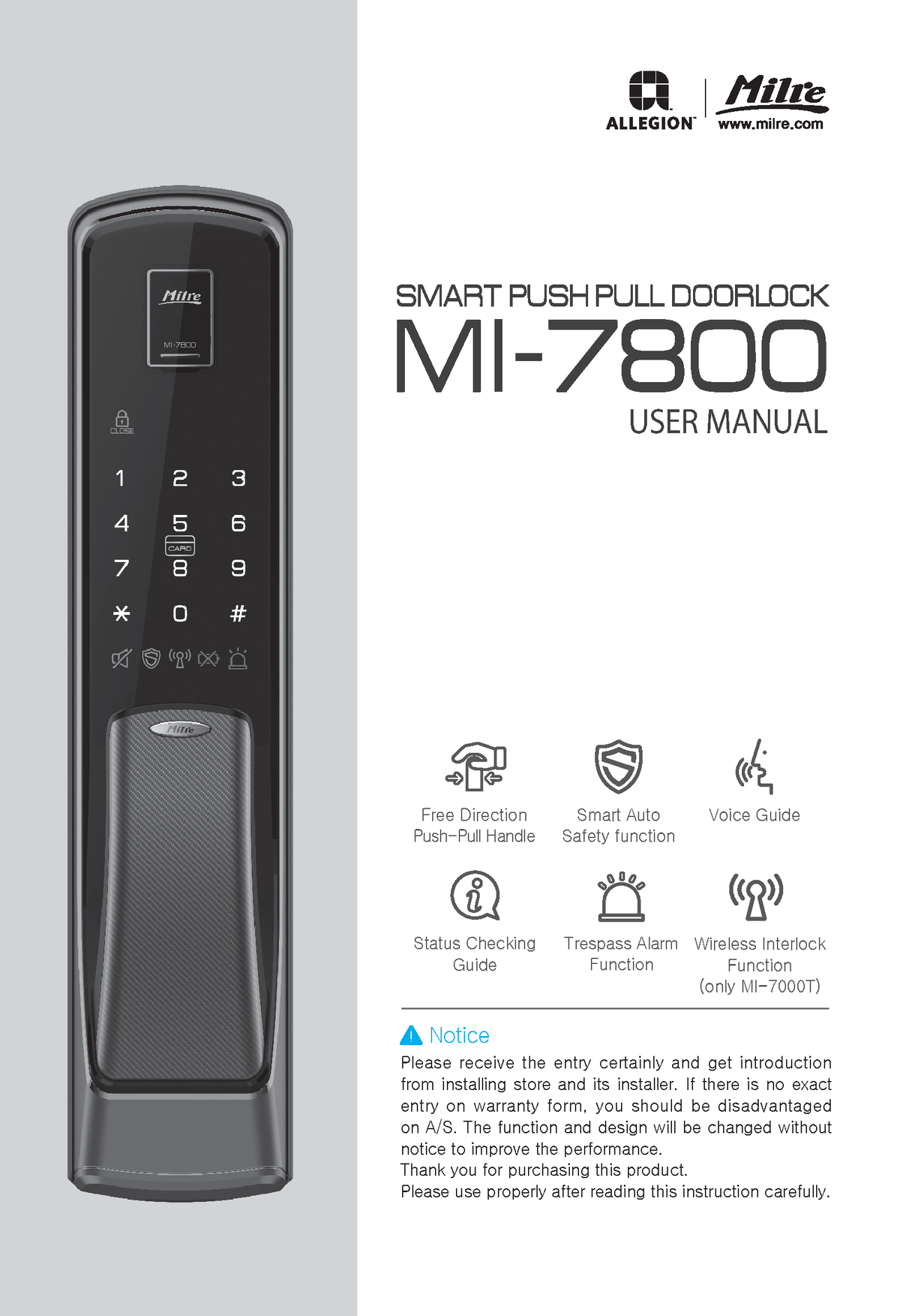 Mi7800 - USER MANUAL Notice Please receive the entry certainly and get ...