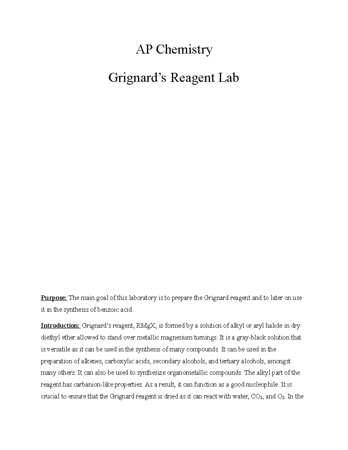 Grignard Lab report AP Chemistry Grignard’s Reagent Lab Purpose The
