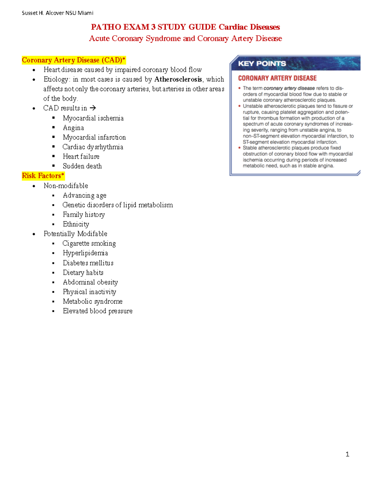 Cardio Patho EXAM 3 Study Guide - Susset H. Alcover NSU Miami PATHO ...
