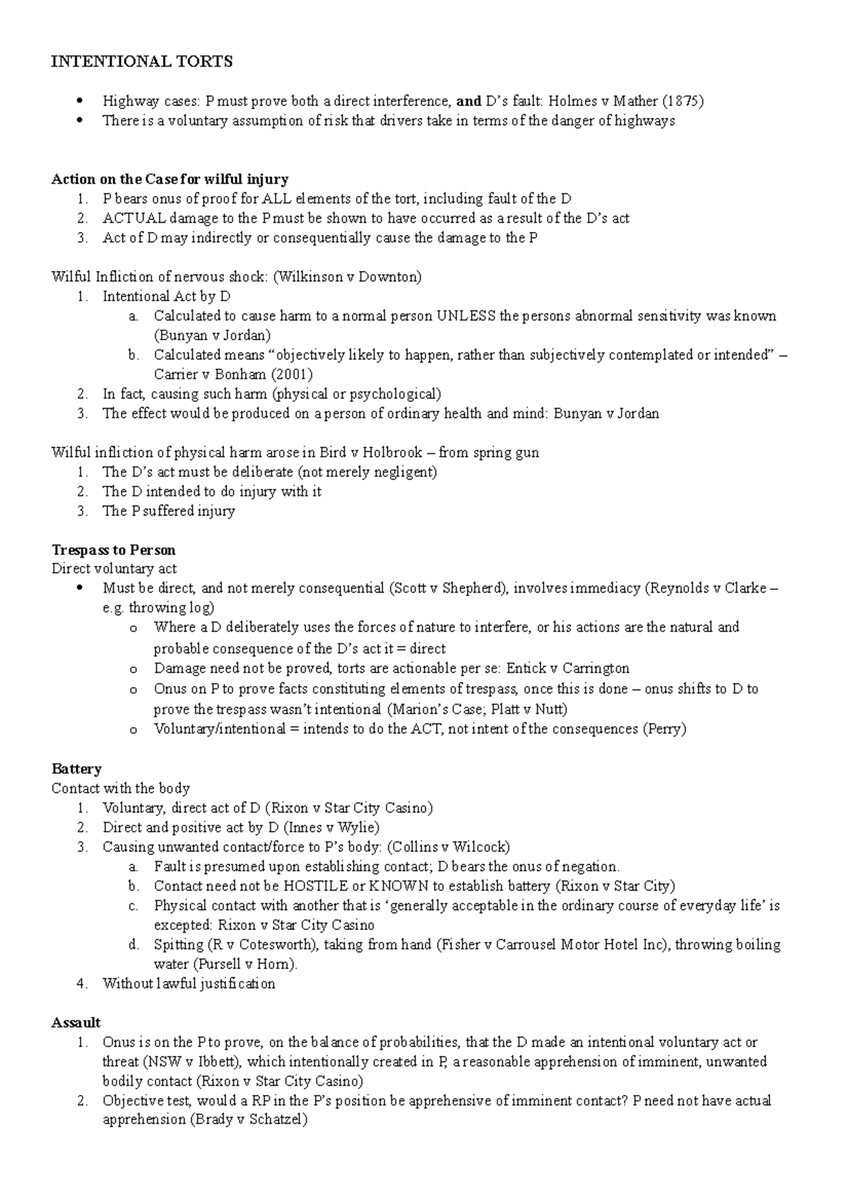 LLB2240 Torts Exam Summary Notes - INTENTIONAL TORTS Highway cases: P ...