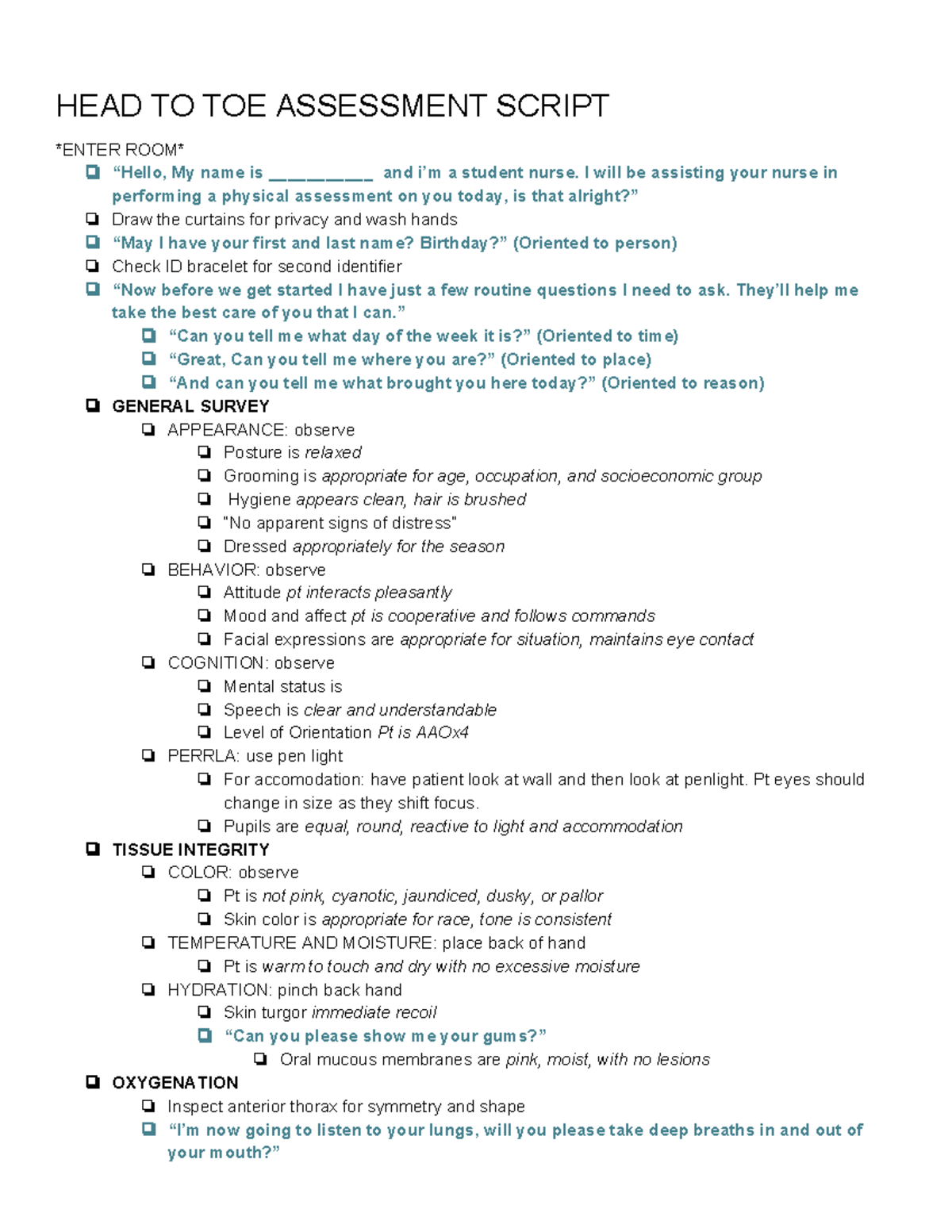 HEAD TO TOE Assessment Script - HEAD TO TOE ASSESSMENT SCRIPT ENTER ...