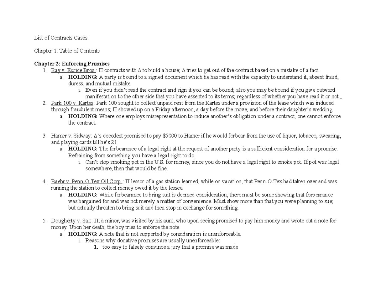 Contracts Law Outline - 2 - List Of Contracts Cases: Chapter 1: Table ...