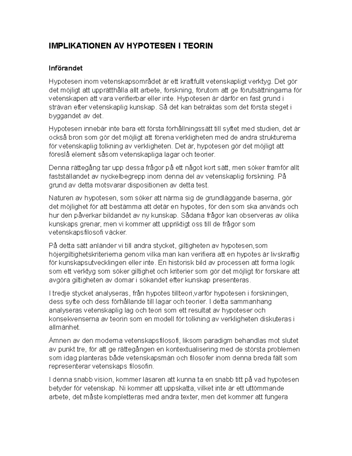Implikationen av hypotesen i teorin - IMPLIKATIONEN AV HYPOTESEN I ...