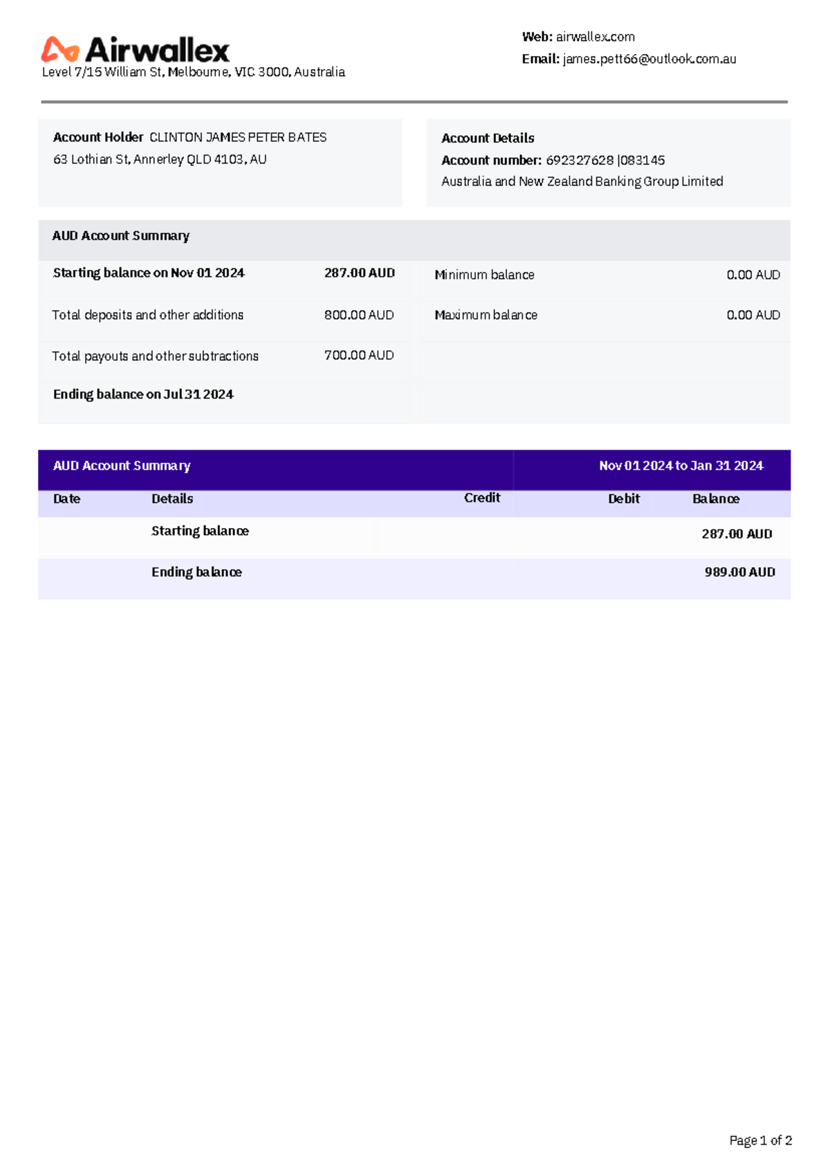 Bank s - sfvdfved - Ending balance on Jul 31 2024 Ending balance AUD ...