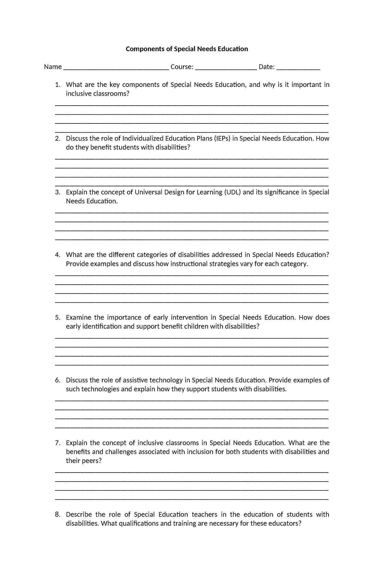 Activity Components of Special Needs Education - Components of Special ...