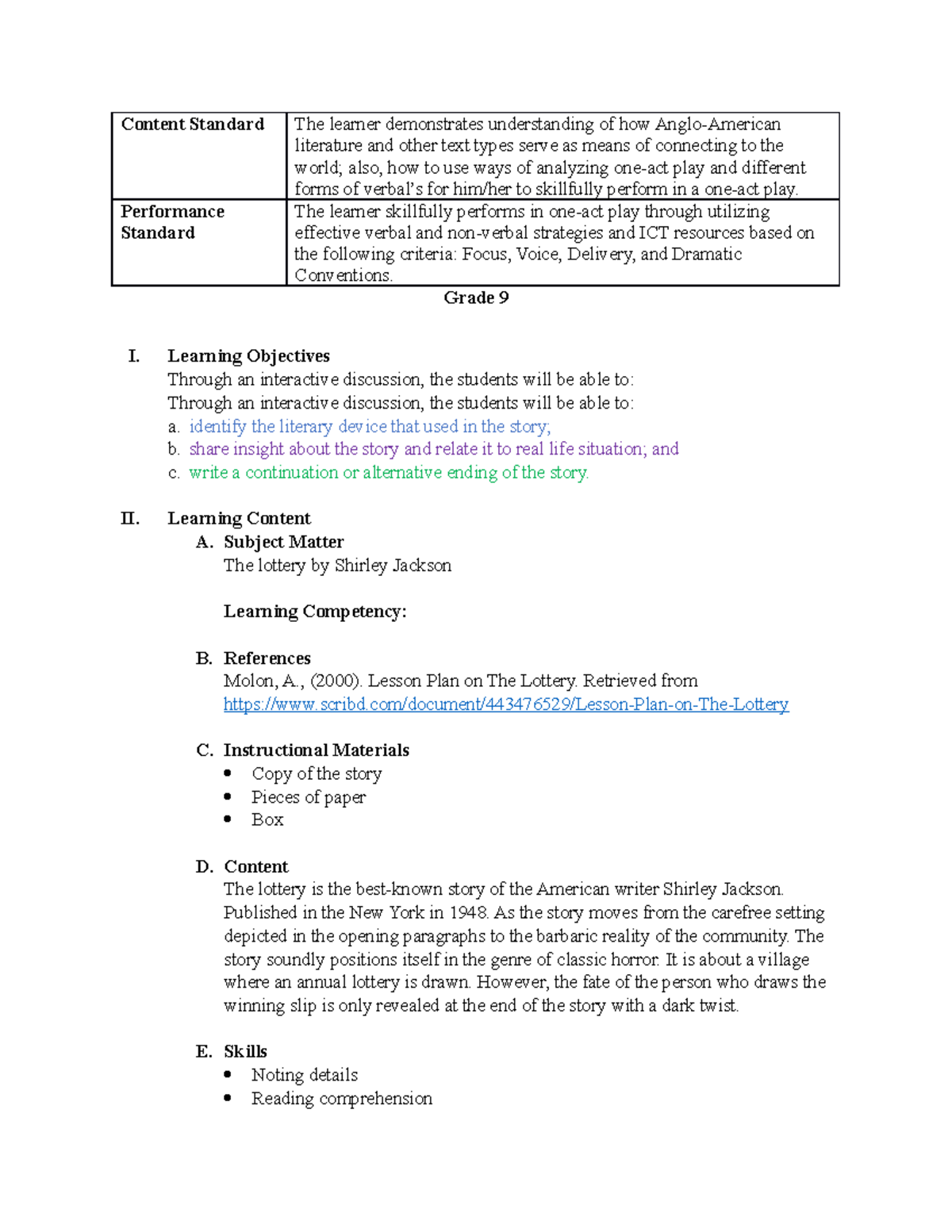 SED-LIT 6 Final Semi-Detailed Lesson Plan - Content Standard The ...