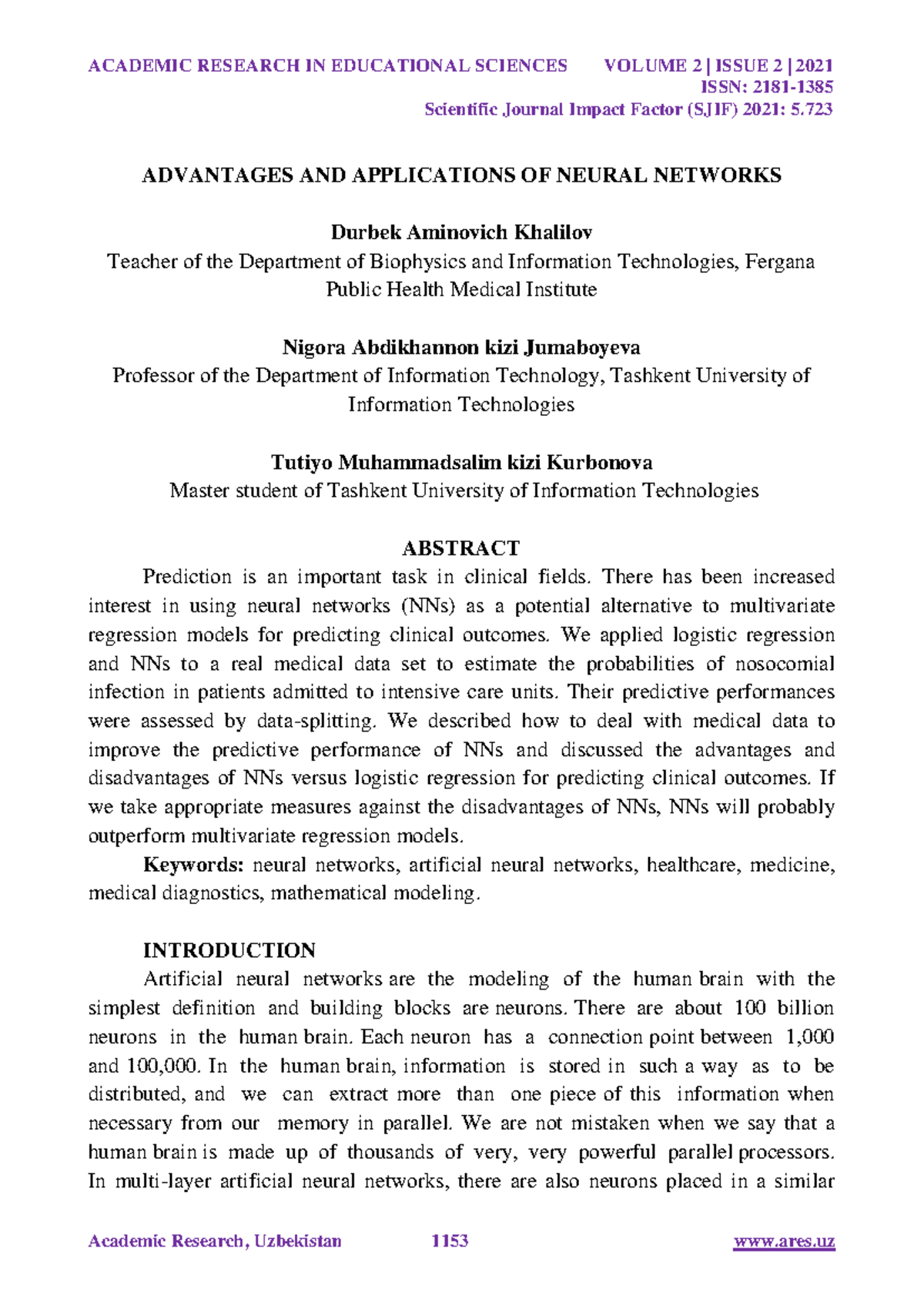 Advantages And Applications Of Neural Networks - ISSN: 2181- 1385 ...