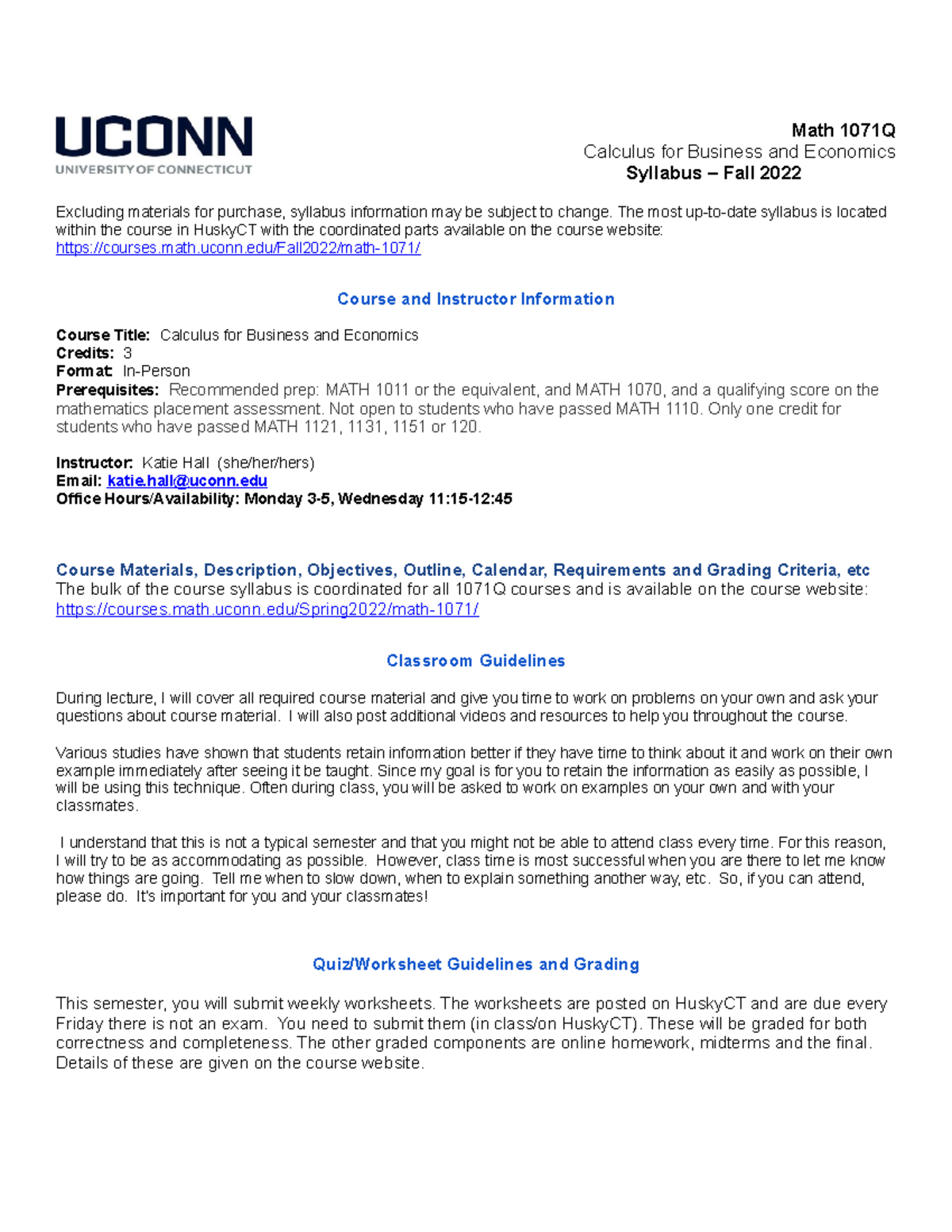Fall 2022 Syllabus Addendum HALL - Math 1071Q Calculus for Business and ...