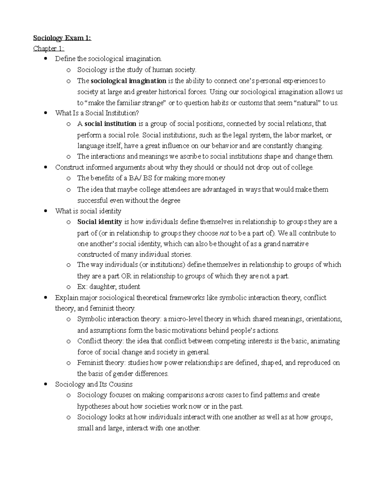 Sociology Exam 1 Study Guide - Sociology Exam 1: Chapter 1: Define the ...