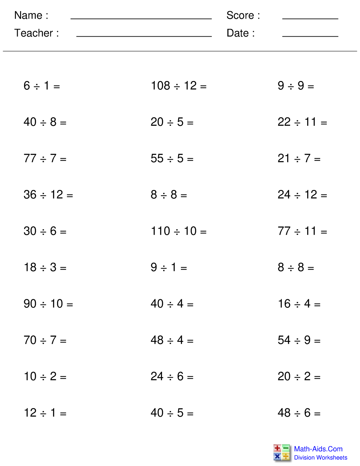 Div single horiz - book - Name :Teacher : Date :Score : Division ...